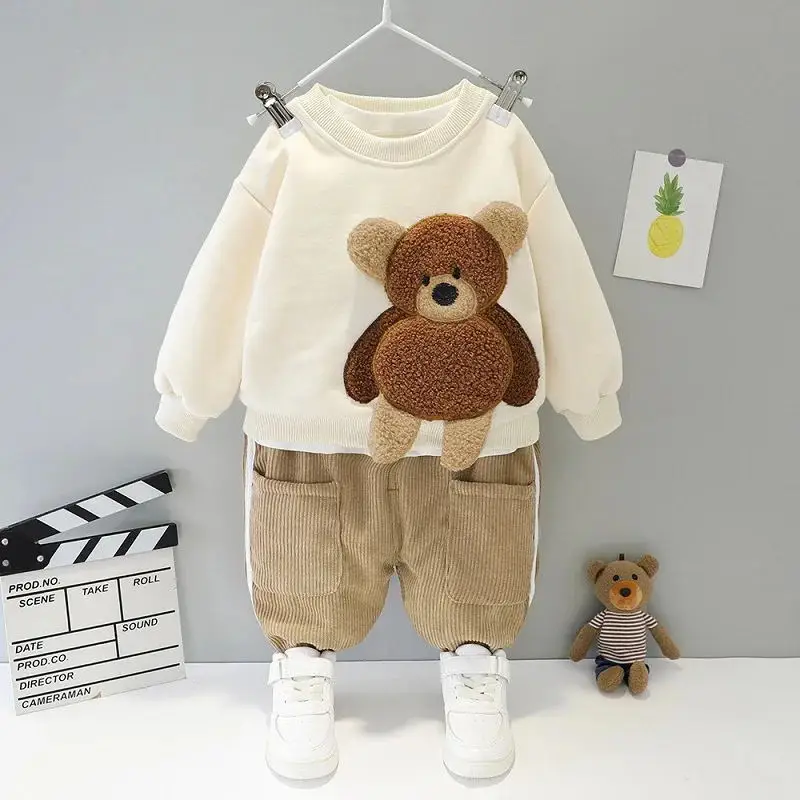 Korean children\'s spring sportswear set cute little bear pullover sportswear for girls wearing loose cotton sweatpants for boys