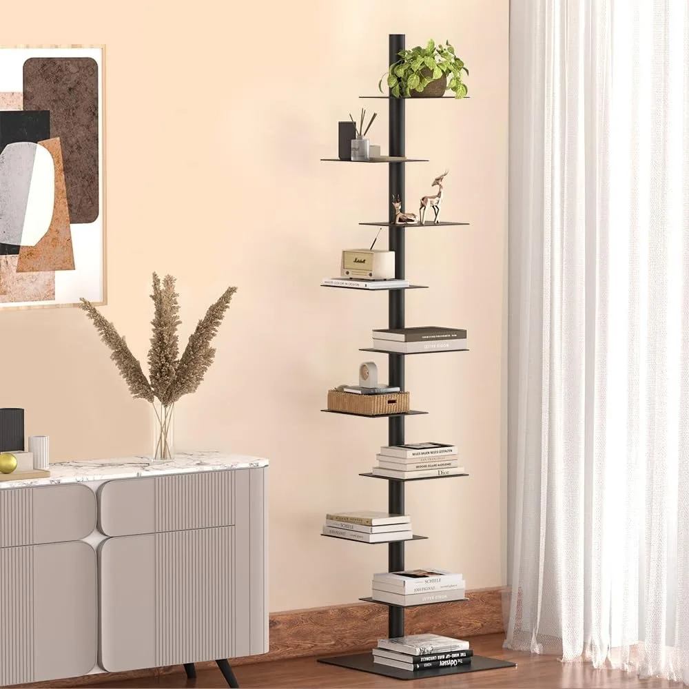 9-Tier Metal Spine Bookshelf, Adjustable Vertical Tower for Books, Tall & Narrow Ladder Bookcase, Space-Saving