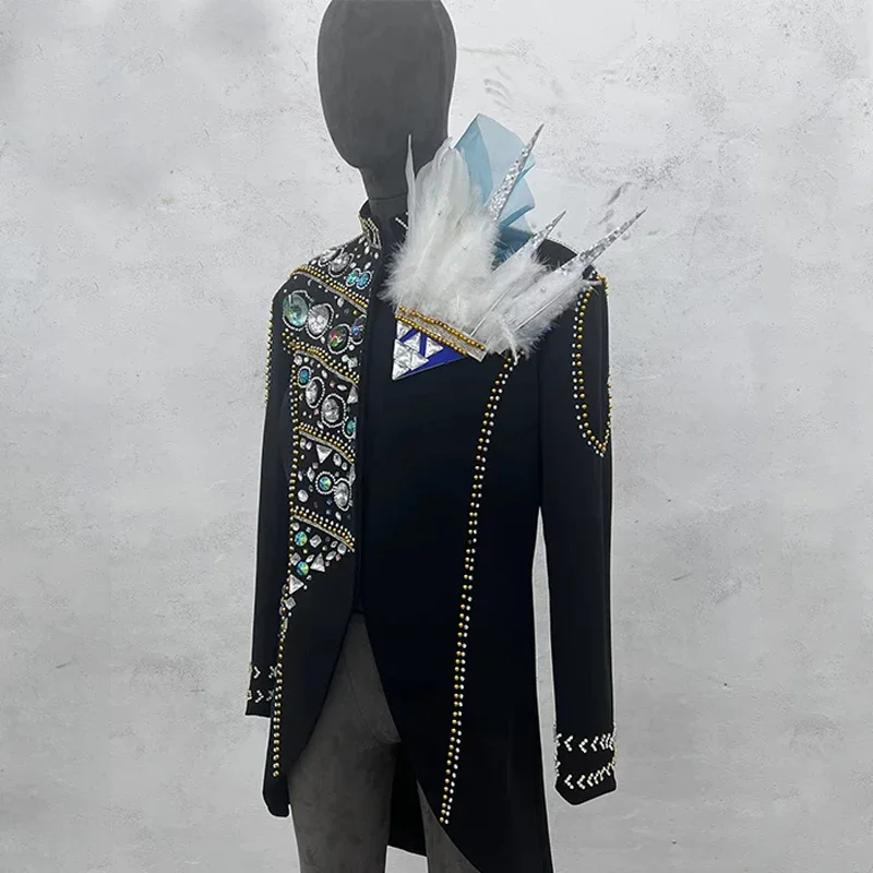 Men Singer Jazz Dance Jacket Big Stones Fur Stage Performance Coat Adults Male Hip Hop Dance Blazer Bar Gogo Dance Costume 7516