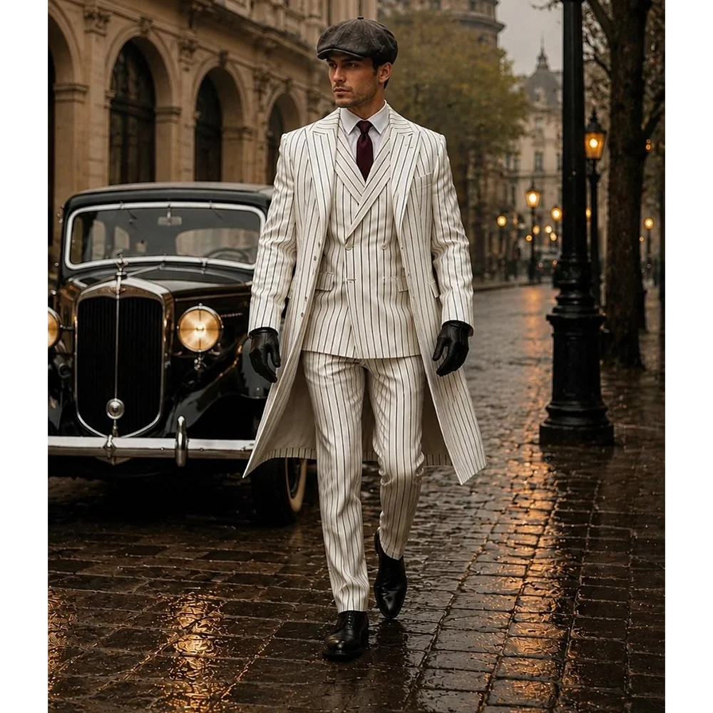 White Stripe Elegant Men Suit Slim Fit Peak Lapel Outfit Long Overcoat Formal Retro Male Clothing Party Event(Coat+Jacket+Pants)