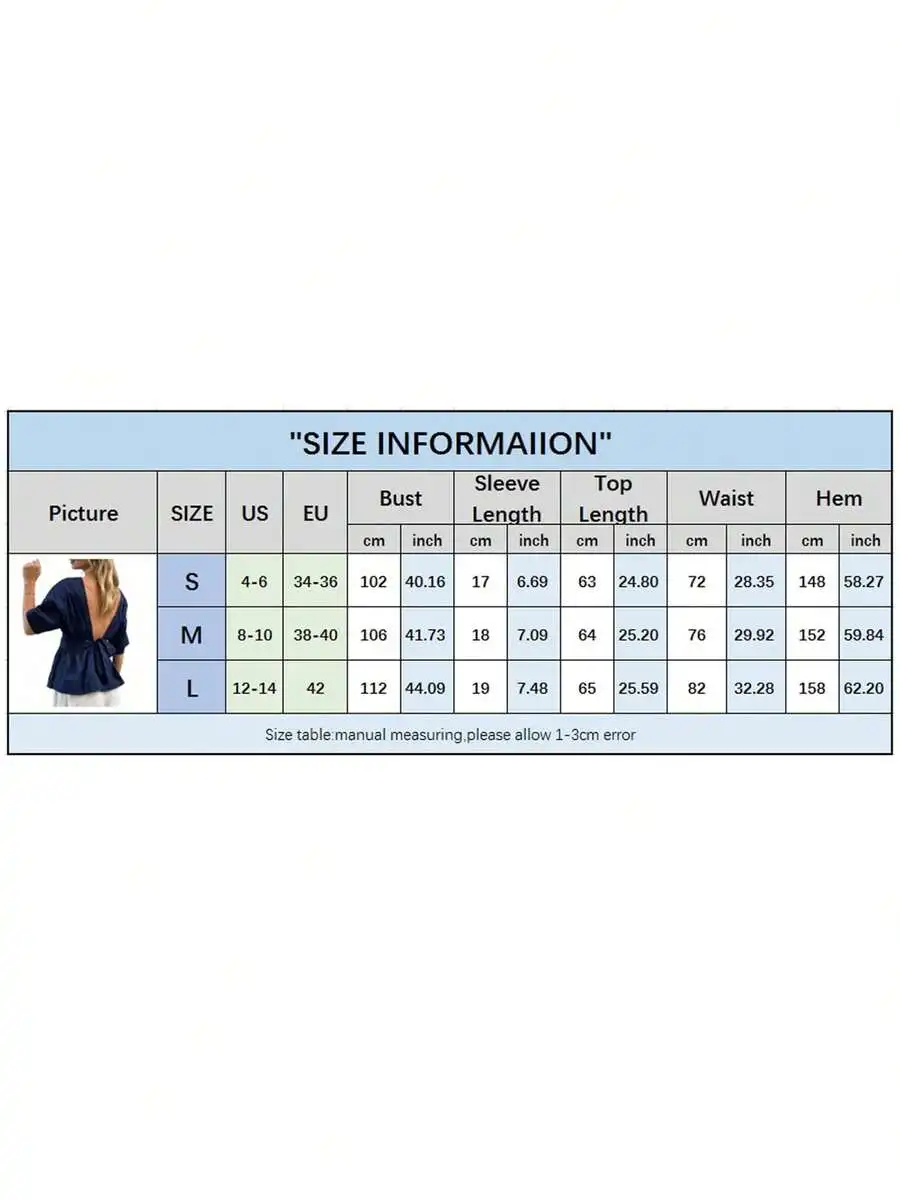Womens Summer Peplum Top Casual Solid Color Backless Loose Hem Bow Crew Neck Elbow Sleeve Blouse