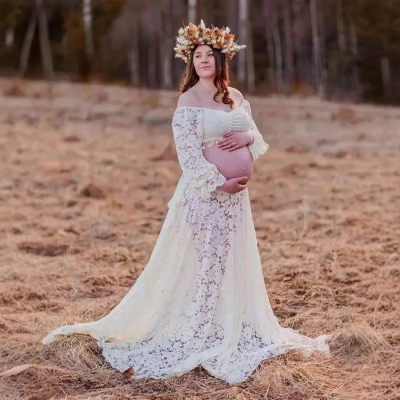 ヨーロッパ＆アメリカ風マタニティフォトシュートセット-レースハイ-スリット入りツーピースロングドレス-妊婦写真撮影用