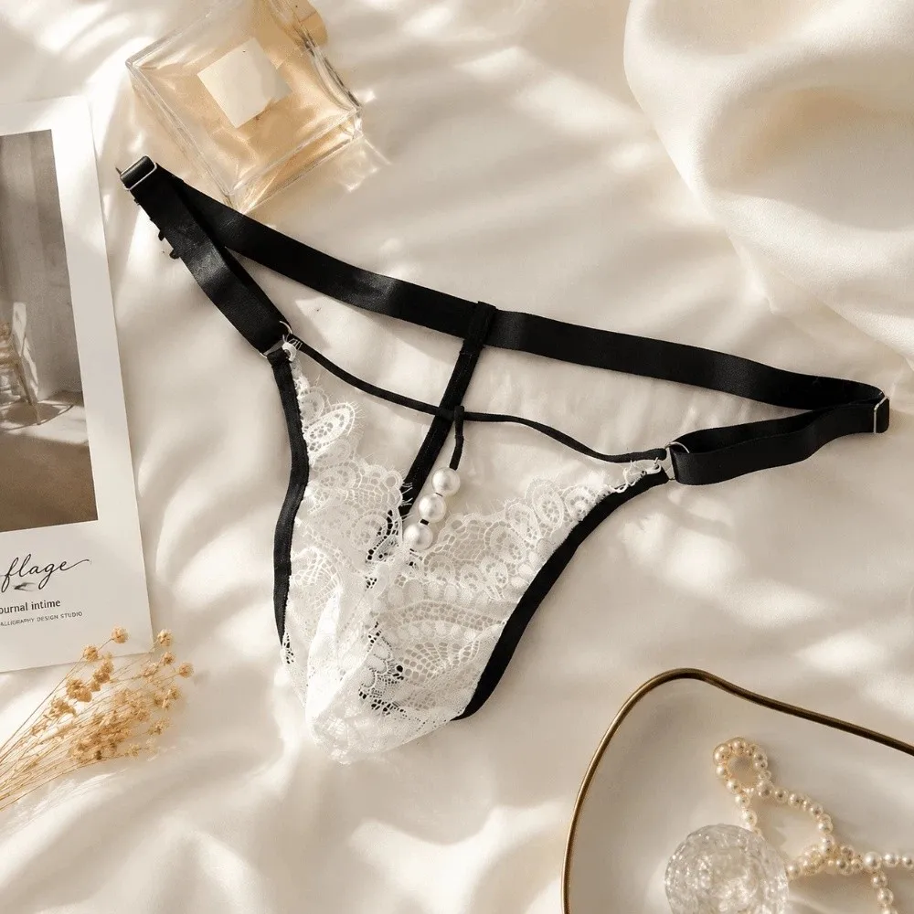 Date Night Low Waist Men's Underwear Male Lingerie Mesh Transparent T-back Briefs Thin Belt Hollow Out Lace Triangle Panties Men