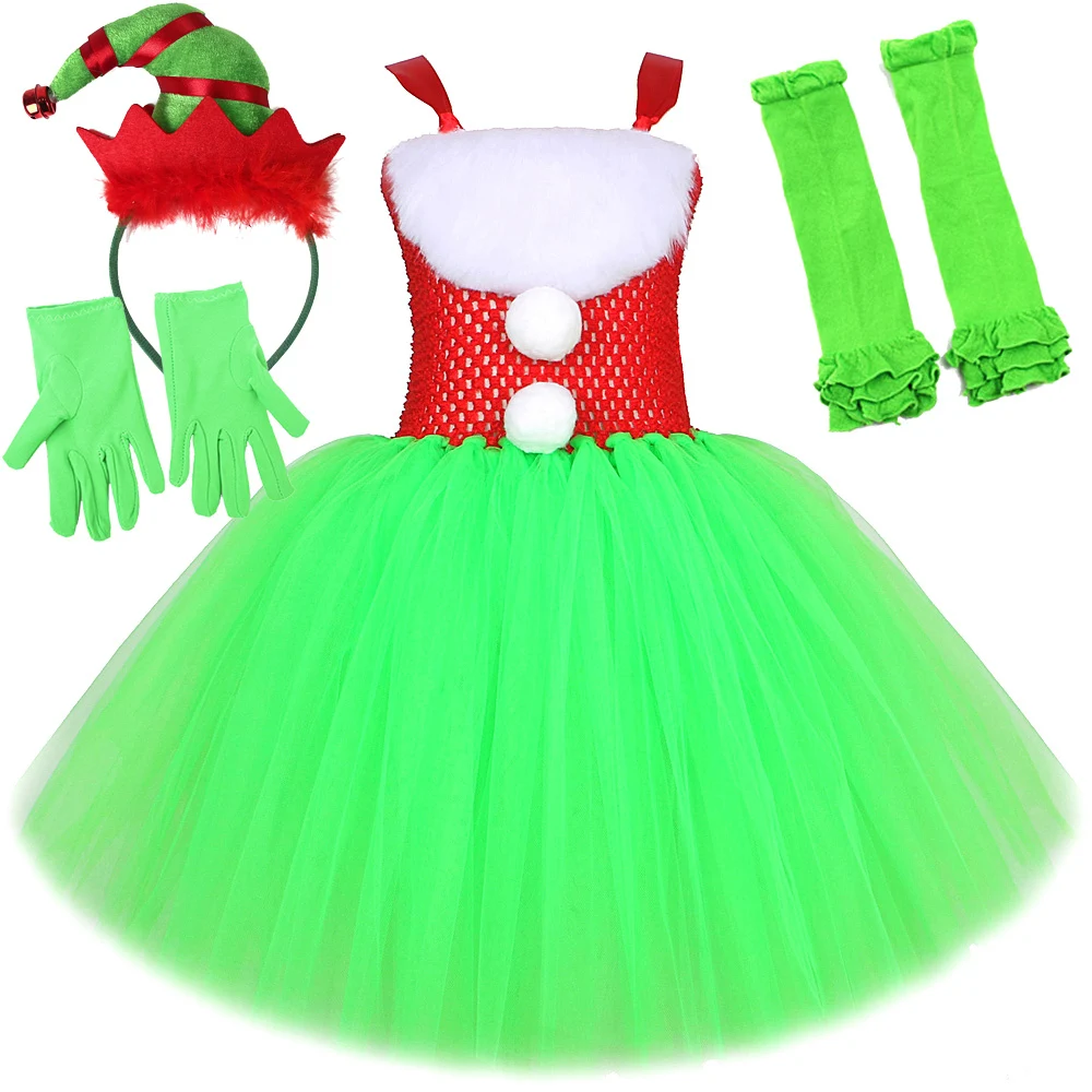 Santa Claus Grinch Costumes for Girls Father Christmas Fancy Dresses Kids Xmas Cosplay Tutus Outfits Children New Years Clothes