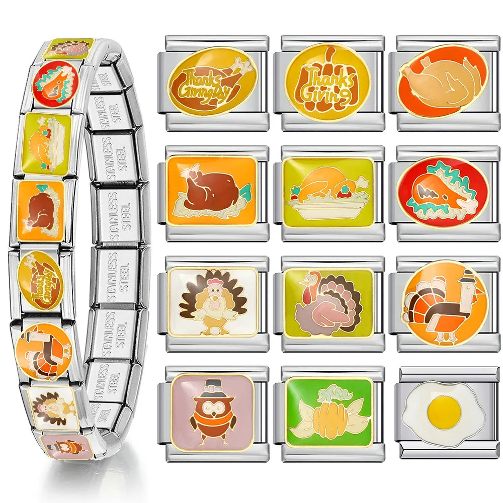1pc Y2K Thanksgiving Day Gift Italian Charm Bracelet Stainless Steel Cute Turkey Pumpkin Elastic Link Chain DIY Making Jewelry