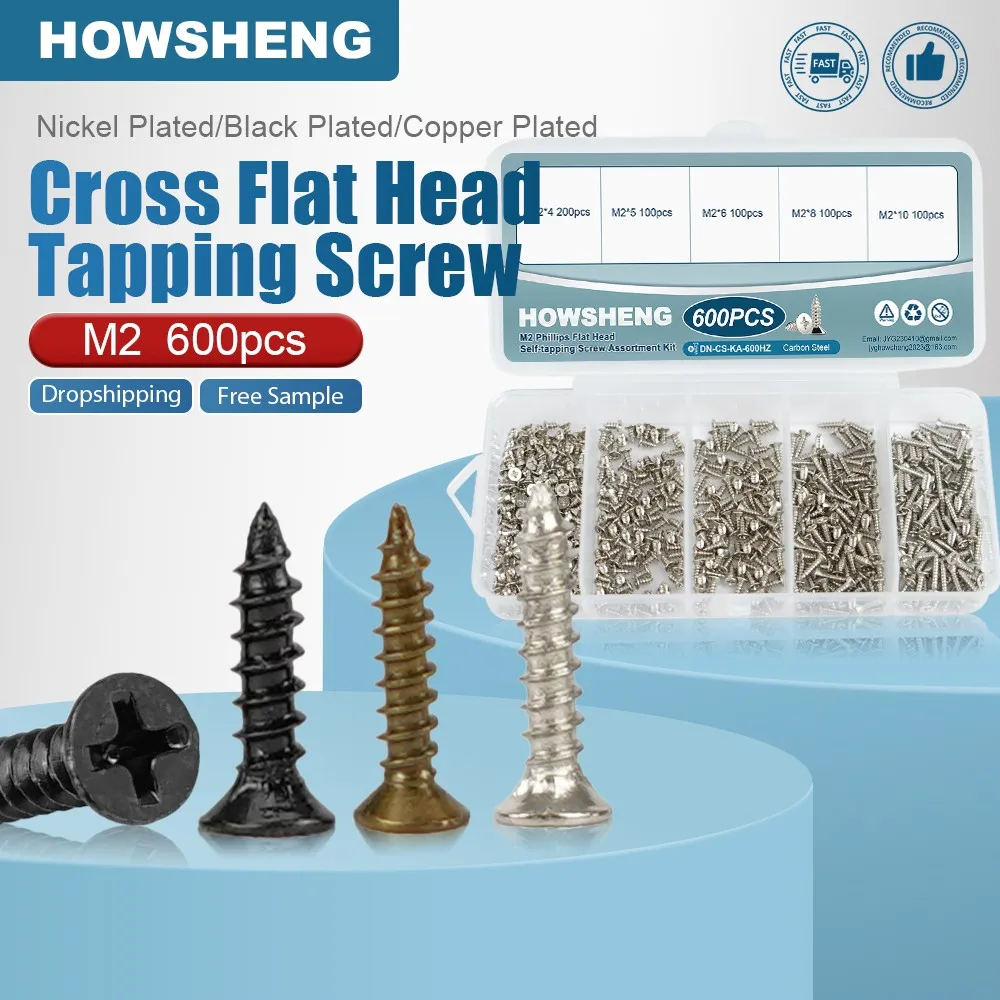600pcs/set Cross Small Screws Kit Black/Nickel/Copper Plated M2 Phillips Mini Electronic Screws Set for Phone Watches Repair