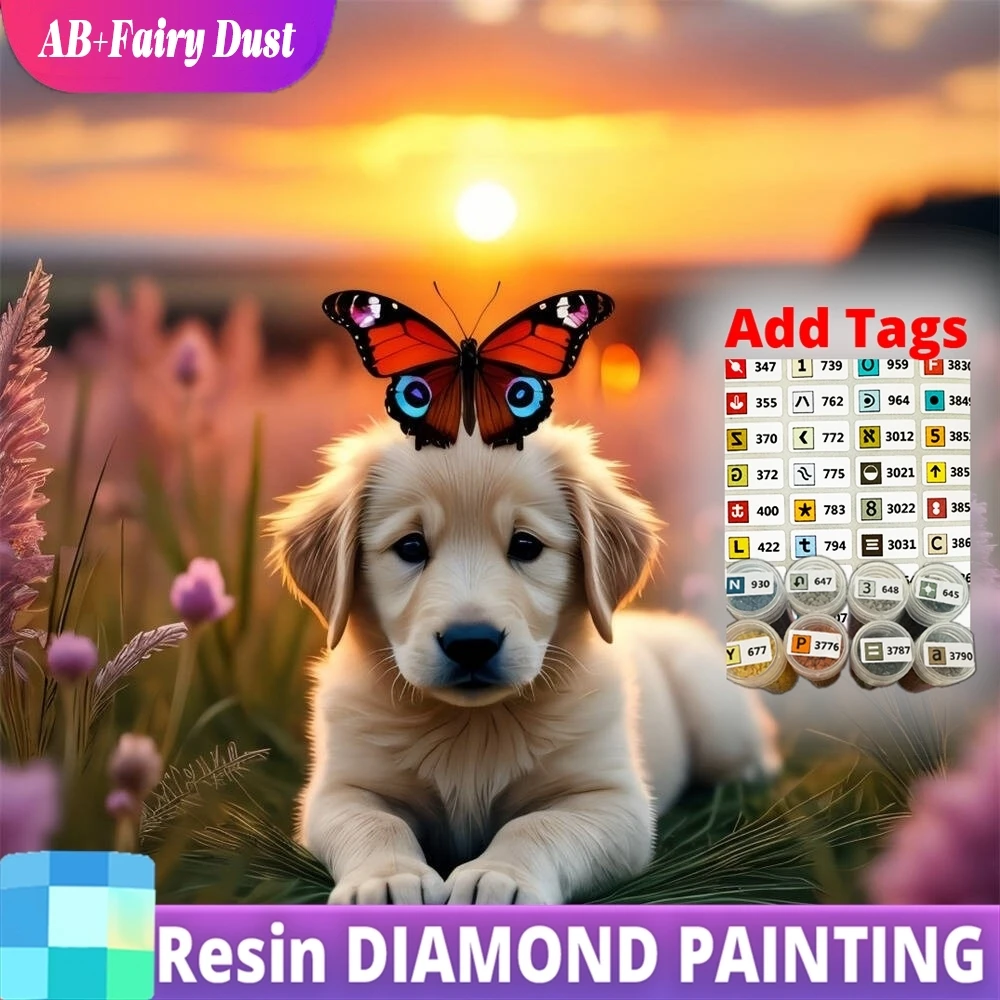 

Resin AB Fairy Dust 5D DIY Diamond Embroidery Dog Animal Full Square Round Painting Butterfly Mosaic Sunset Home Decor