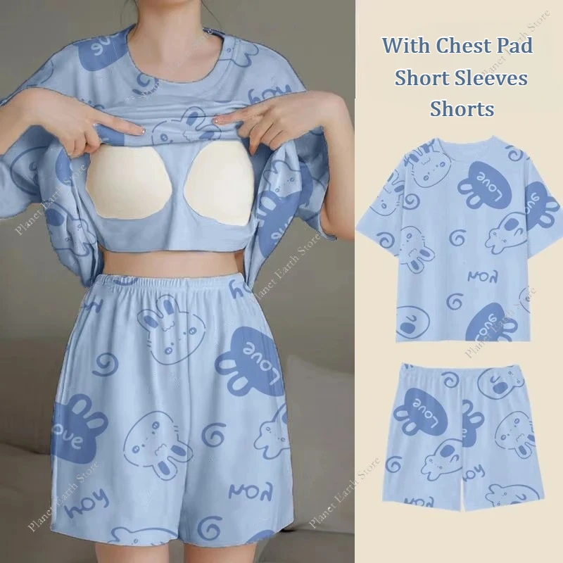 2Pcs/Set Summer Women's Pajamas Sleepwear - Short Tops and Shorts with Chest Pad Womens Student Dormitory Printing Pajamas