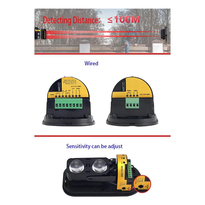 Wired Outdoor Dual-Beam Infrared Counter Detector, Detectar Alcance, Perímetro do Sensor de Movimento, 100-Meter Detect Range, Anti-Tamper Alarm