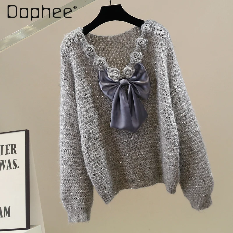 

Fashion Heavy Craft Bowknot V-neck Pullover Sweater Korean Trendy Versatile Loose Elegant Long Sleeve Top Women Autumn Winter