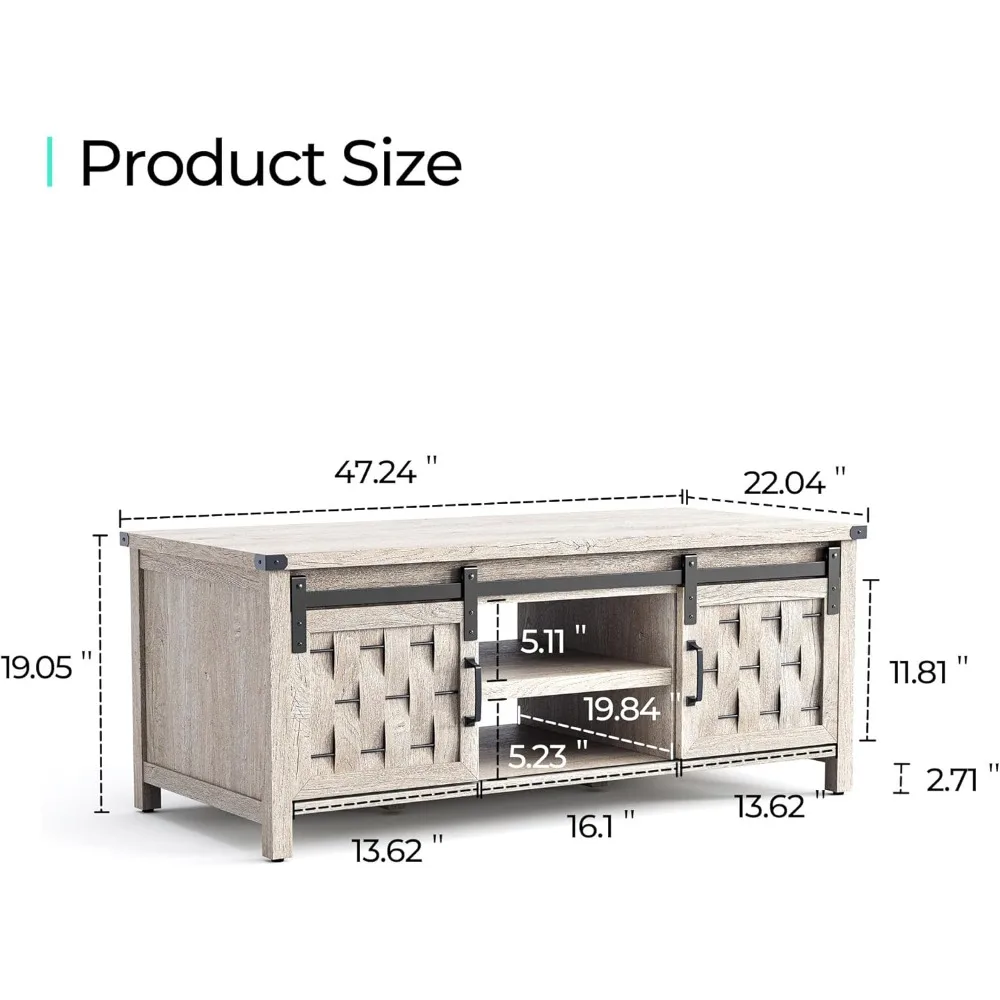 47'' Coffee Table with Storage & Sliding Barn Doors, Farmhouse & Industrial Cocktail Table w/Adjustable Shelves