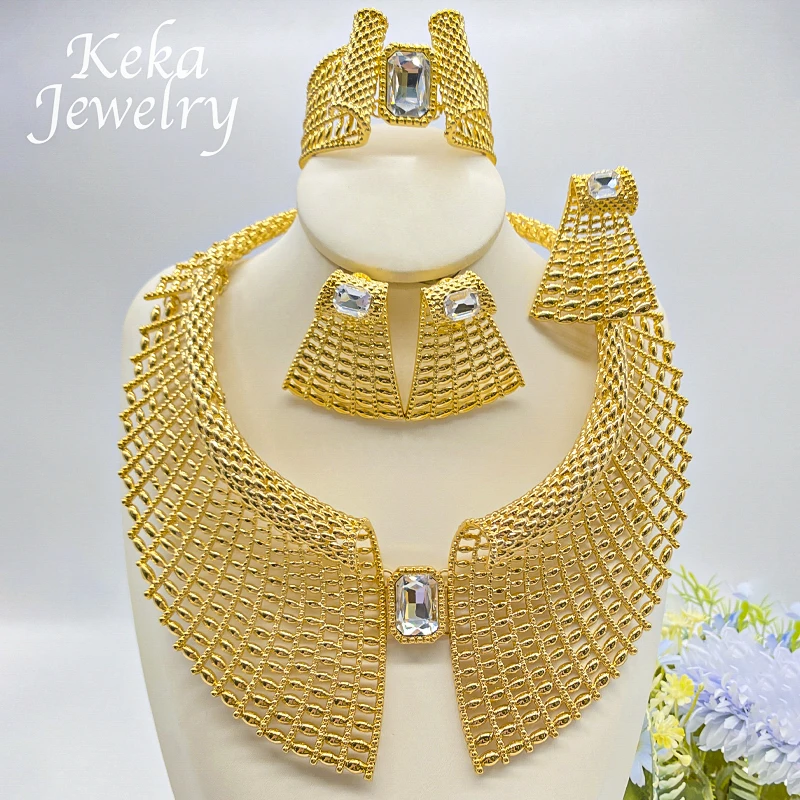 

Luxury Gold Plating 24K Jewelry Set for Women America Wedding Choker Necklace Earring Pendant Set for Party Daily Wear Jewelry