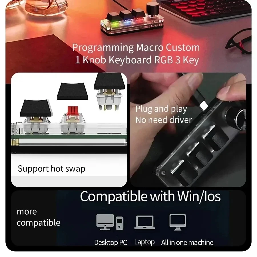 Keyboard Mekanis Makro Mini 3 Tombol 1 Tombol USB RGB Tombol Pemrograman Kustom Gaming Sakelar 3 Tombol Kustom Portabel untuk Photoshop