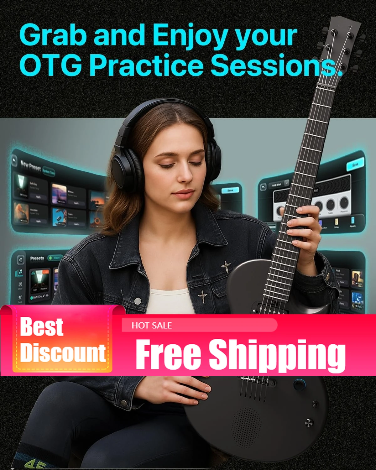 

Электрогитара Nova Go Sonic Smart из углеродного волокна с беспроводным динамиком 10 Вт, встроенными пресетами, черная, по суперскидке