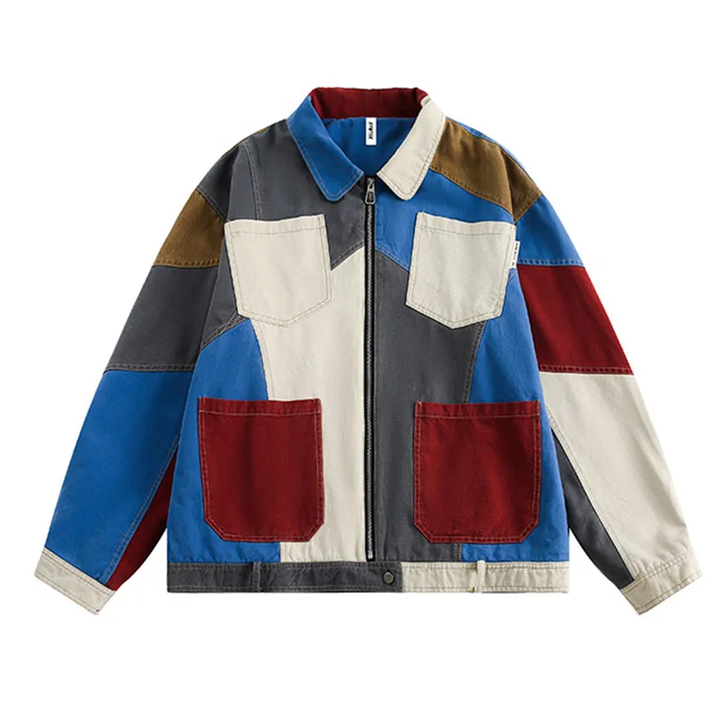 Hip Hop Vintage Casual Denim Jackets Color Block Patchwork Casual Outwear Coats For Male Oversized