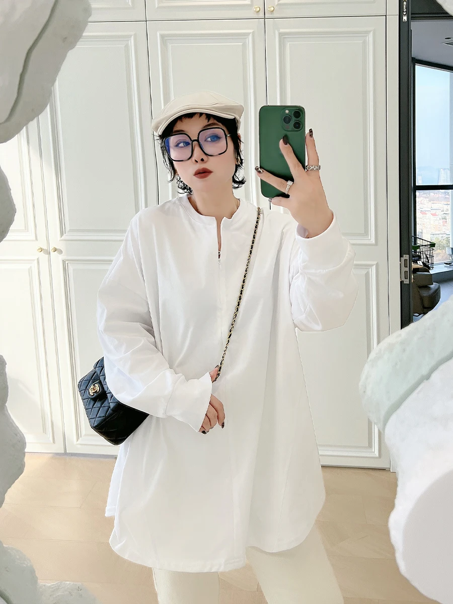 

Свободная футболка на молнии, женская повседневная футболка больших размеров, удобная большая одежда средней длины, чистый цвет, трендовые старые деньги