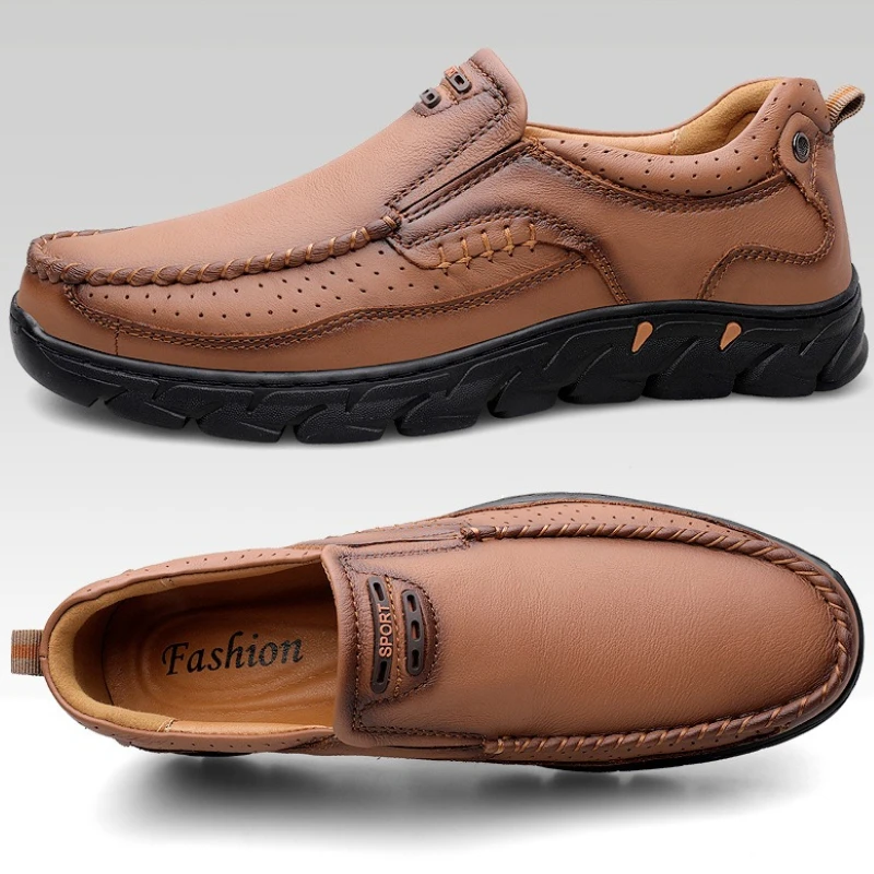 

Handmade Leather Men's Slip-On Casual Shoes Wear-Resistant Anti-Skid Round Toe Loafers Thick Bottom Dress Footwear All Season