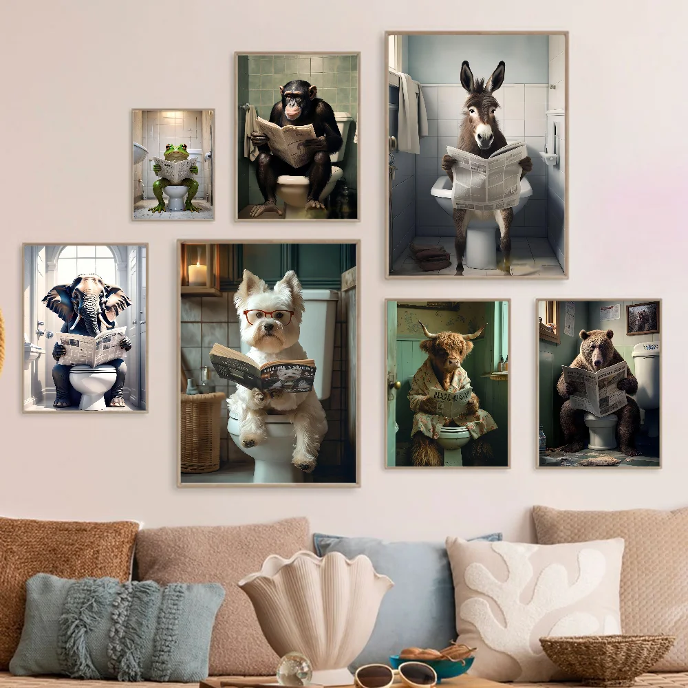 Funny Cute Animakl Cat Cow Sitting on A Toilet Bathroom DIY Sticky Poster Vintage Room Bar Cafe Decor Home Decor