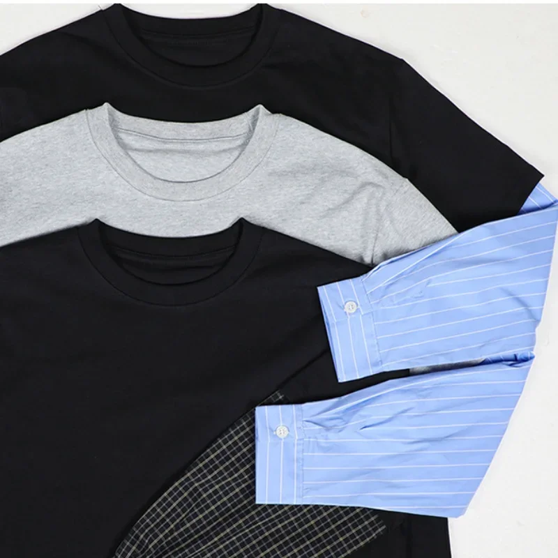Japanese Korean Casual Sweatshirts Men Straight Base Shirt Splicing Striped Sleeves Fake Two-piece Solid Color Pullover T-shirt