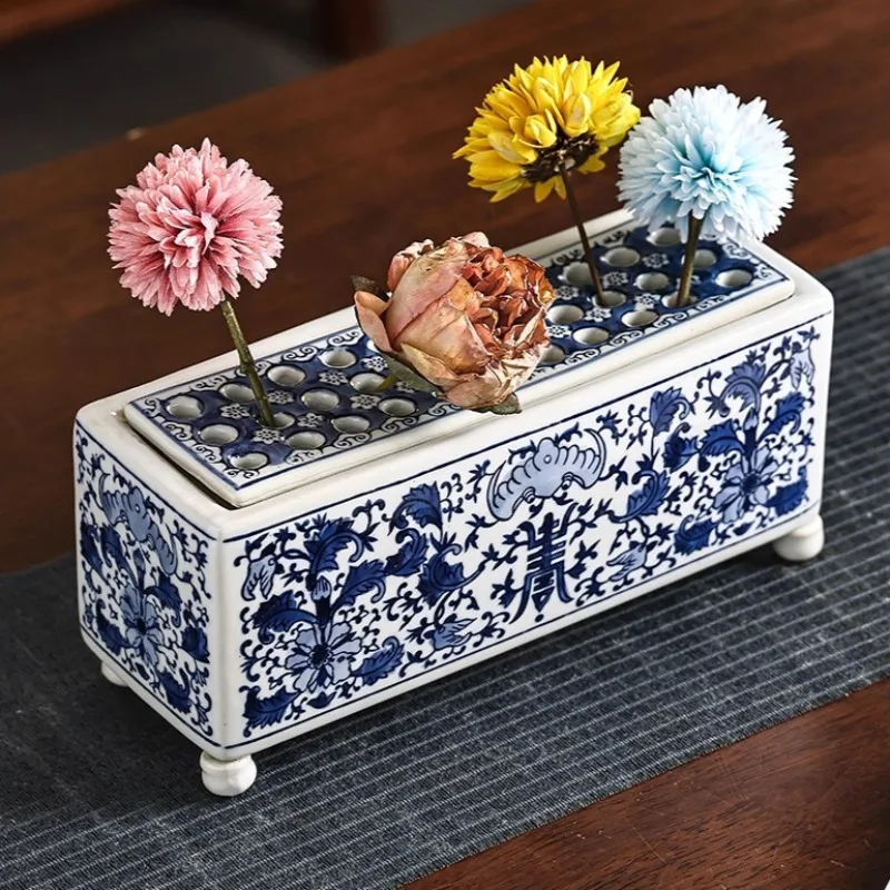 Vintage Ceramic Vases Chinese Multi Hole Flower Pot Square Flower Container Indoor Living Room Table Decoration Ornament Craft
