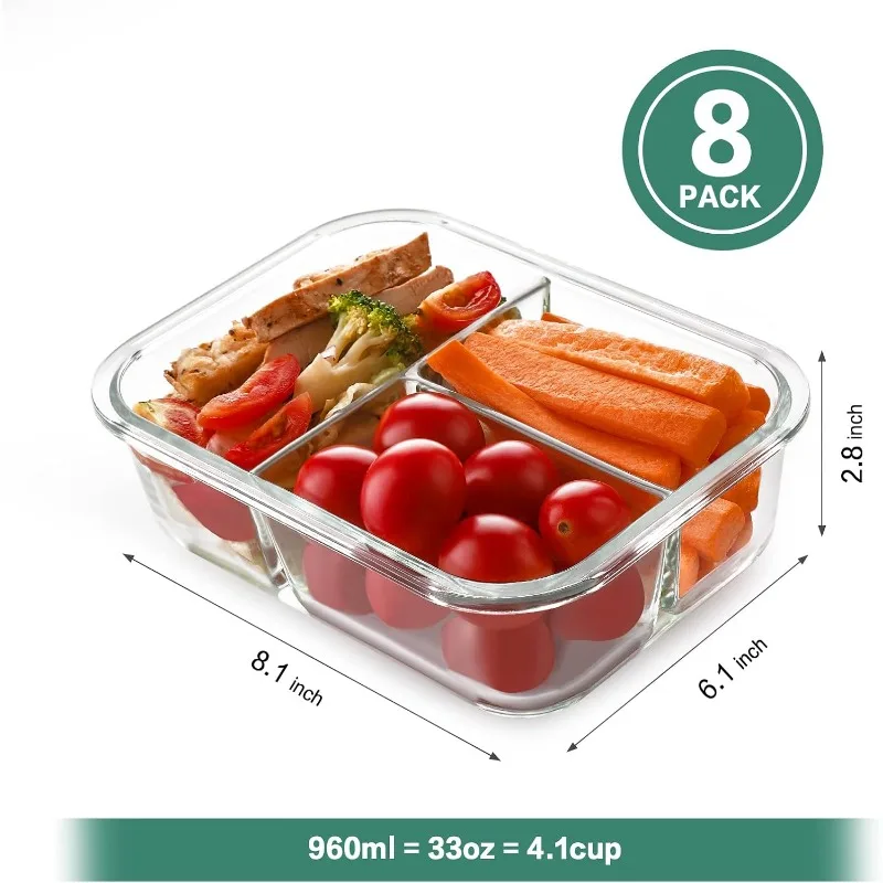 8 Pack Glass Meal Prep Containers 3 Compartment, 36oz Glass Food Storage Containers with Lids, Airtight Glass Lunch Bento Boxes