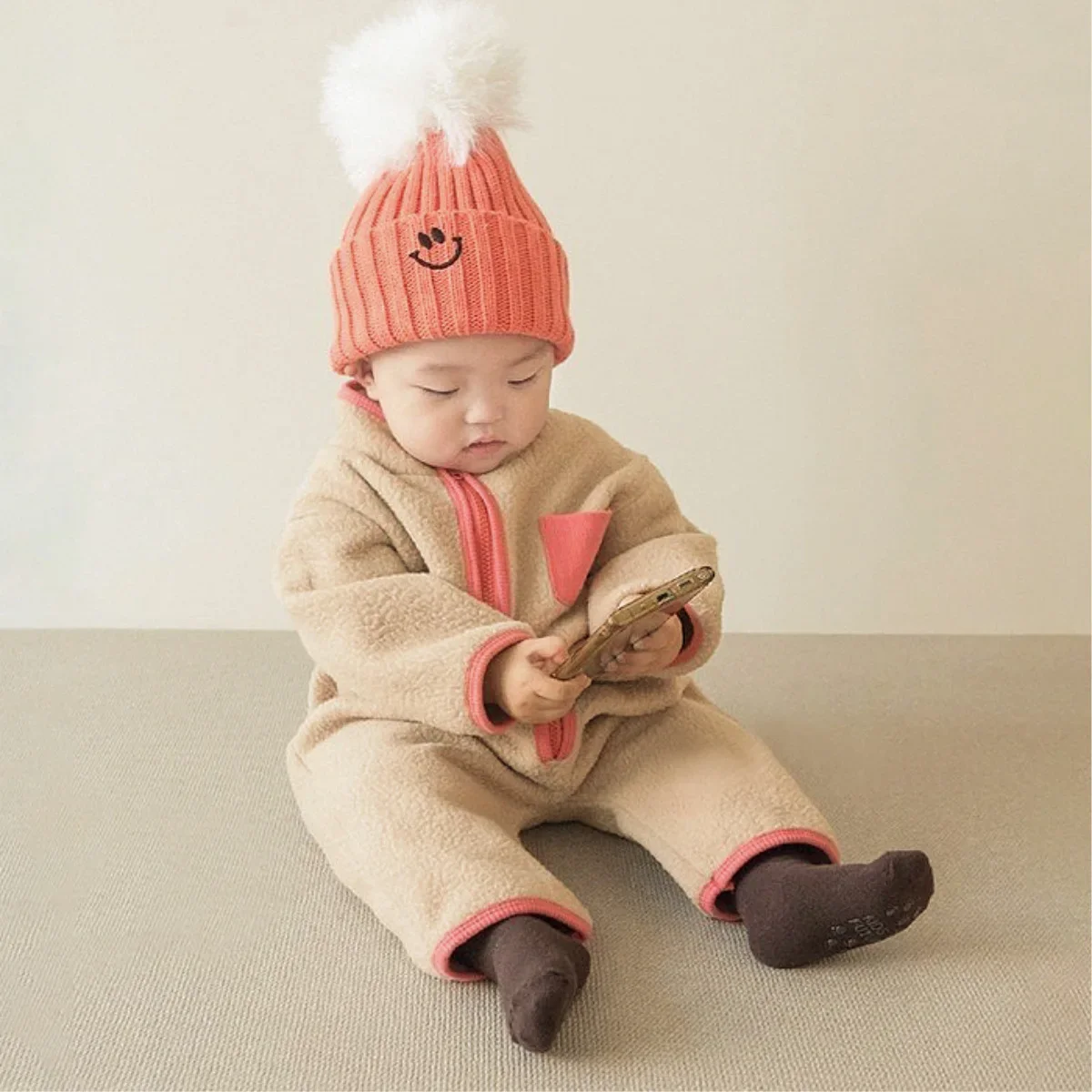 Baby's Stand Collar Color Patchwork Romper, Zíper de pelúcia, Cashmere, Quente, Roupas Meninos e Meninas, Casual, Outono e Inverno