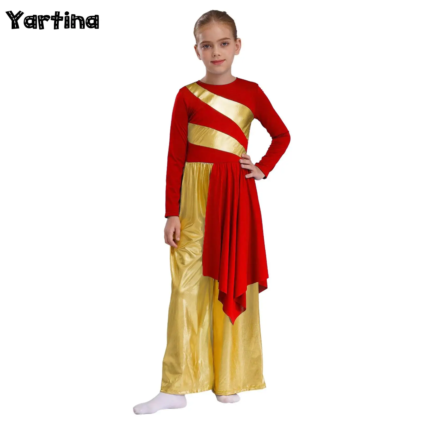 

Kids Girls Liturgical Praise Ballet Lyrical Dance Bodysuit Metallic Irregular Wide-Leg Jumpsuit Choir Performance Dancewear