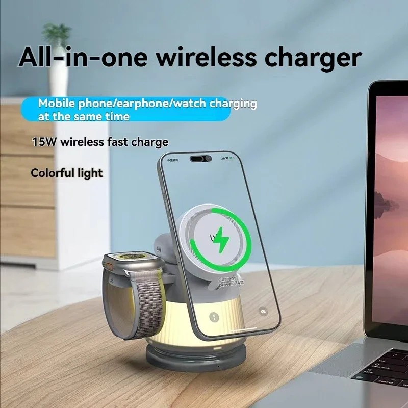New 4-in-1 MagSafe Wireless Charger with RGB Ambient Light for iPhone Samsung Apple Watch Multi-Function Foldable Charging Dock