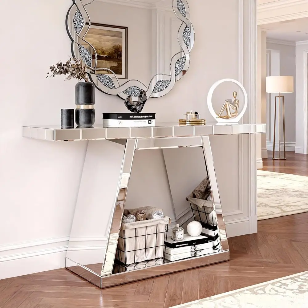 

Elegant Trapezoid Glass Sofa Table with Crystal Accents for Living Room or Hallway