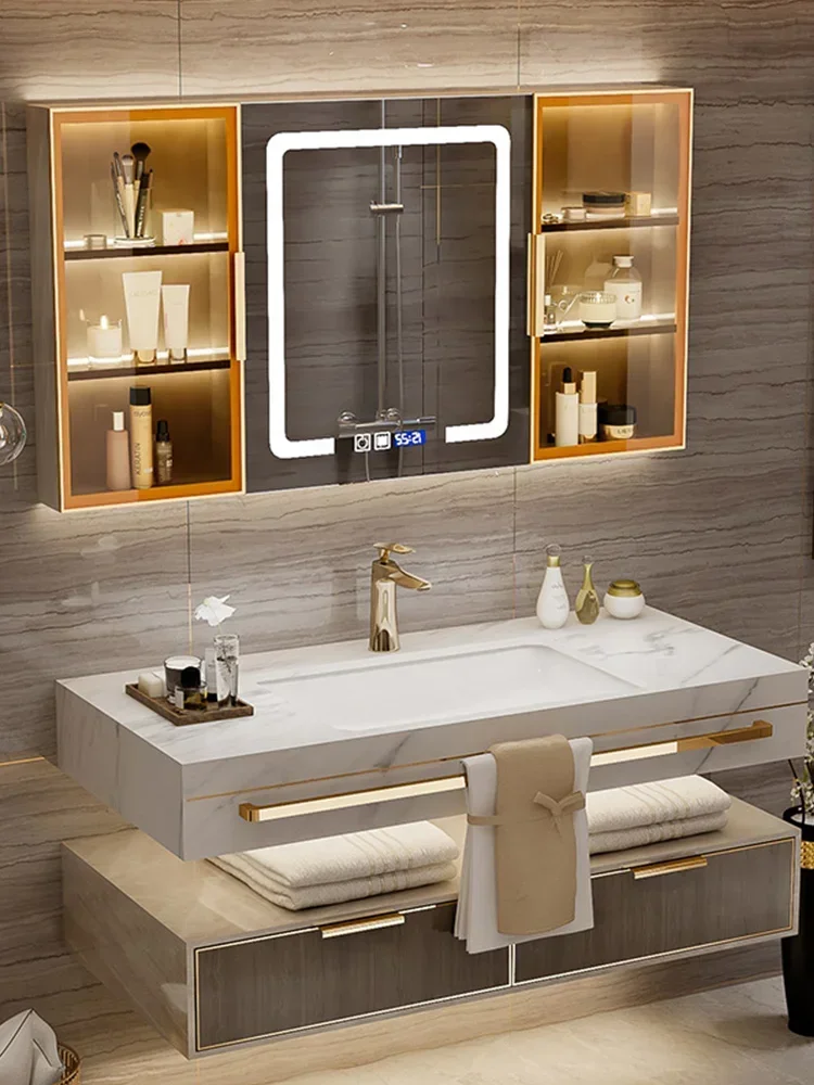 

Light Luxury Slate Seamless Basin Bathroom Cabinet Combination Hotel Style Bathroom Wash Wash Basin Wall Cabinet 90 Cm