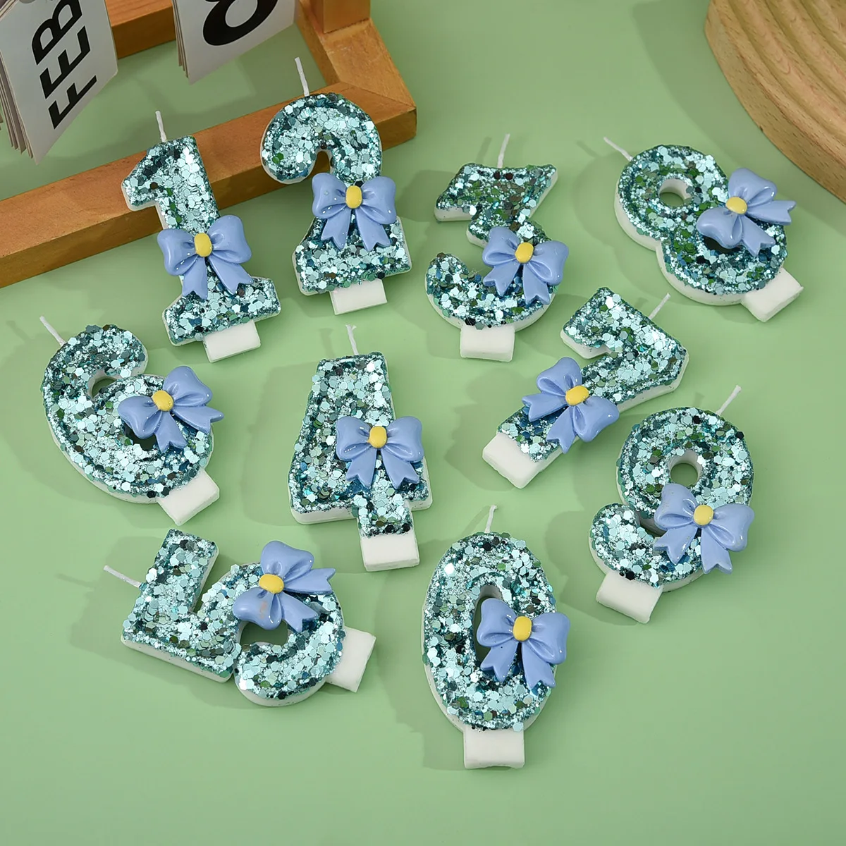 Shallow lake blue sequin light blue bow tie number candles, party gifts, birthday and anniversary candles