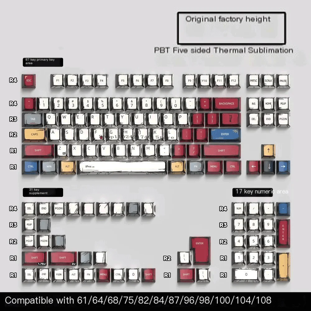 135Key Anime Keycaps,Available in Russian,PBT Material,Original Height 74Keycaps,Suitable for Hot-swappable Mechanical Keyboards