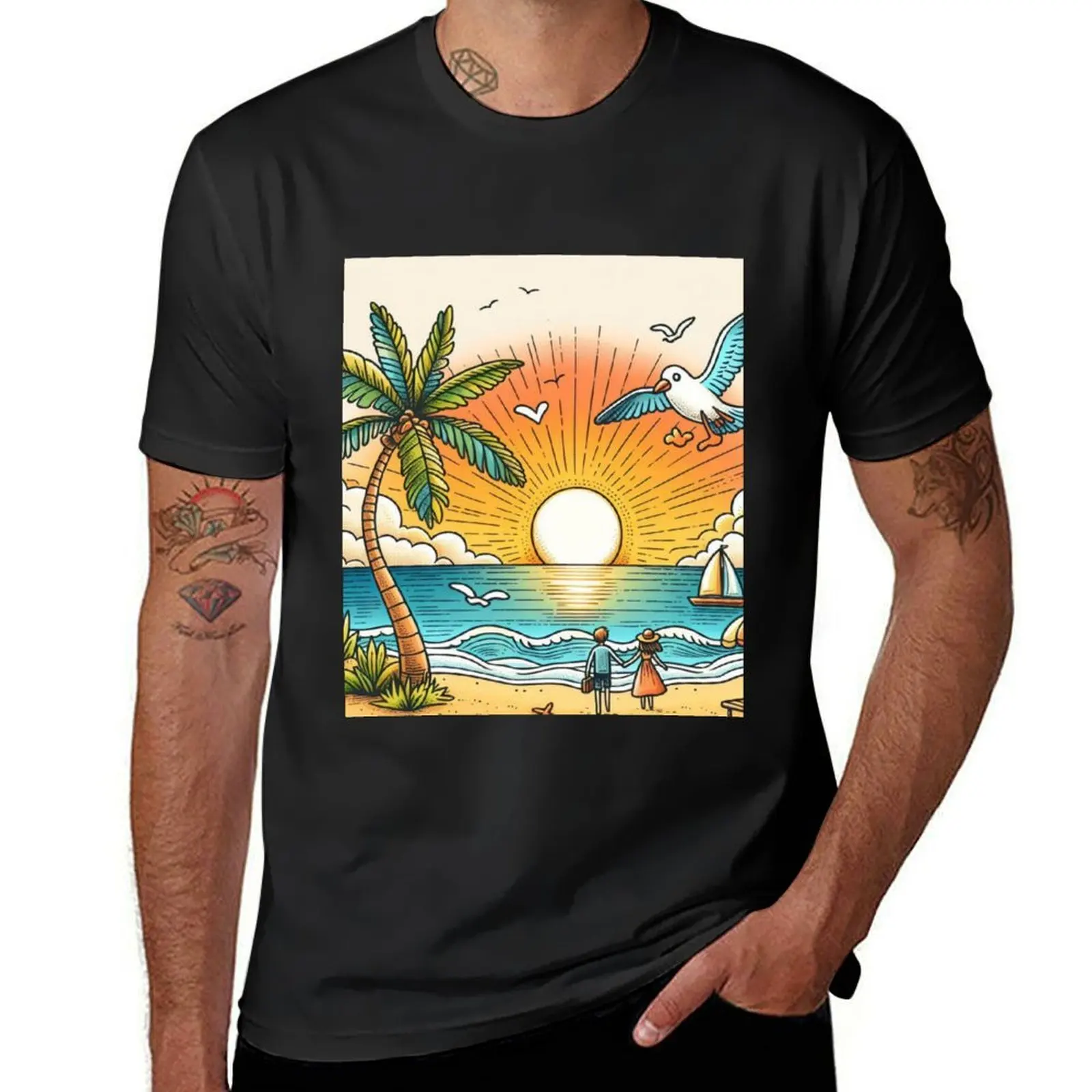 

Sunset at sea T-Shirt summer tops blanks vintage hippie clothes fitted t shirts for men