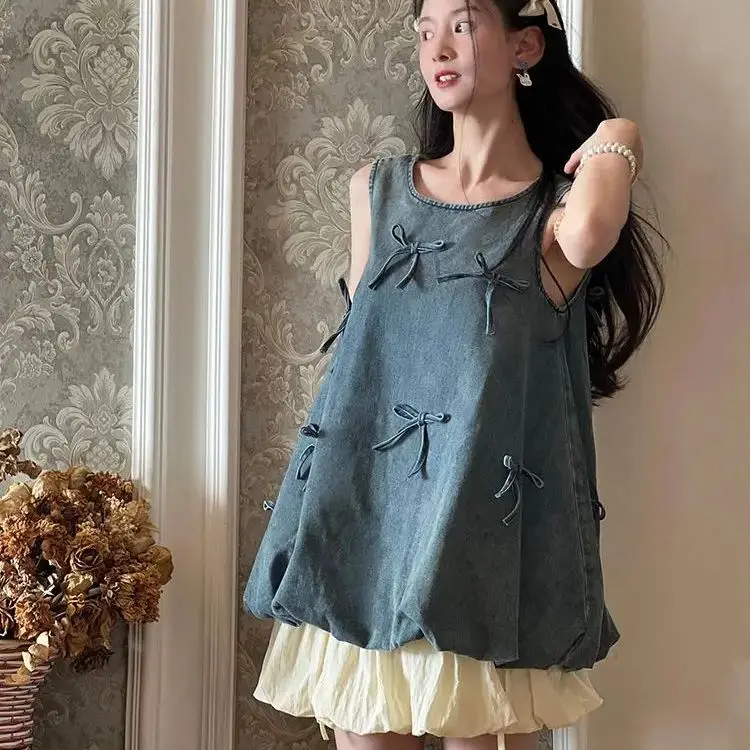 New Three-Dimensional Butterfly Splicing Loose Washed Denim Tank Tops Women + High Waist Casual Pleated Bud Skirt Two-Piece Suit