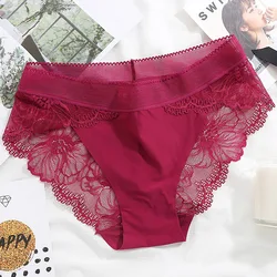 Women Sexy Lace Flowers Middle Waist Transparent Elegant Ice Silk Underwear Cotton Elasticity Panties Seamless Thin Briefs