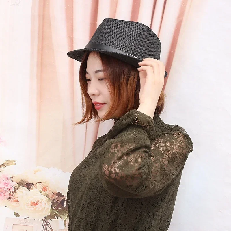 Summer Fashion Handmade Women's Beach Straw Hat Sun Hat Sunhat Men Jazz Hat Gangster Cap (One Size:58cm)