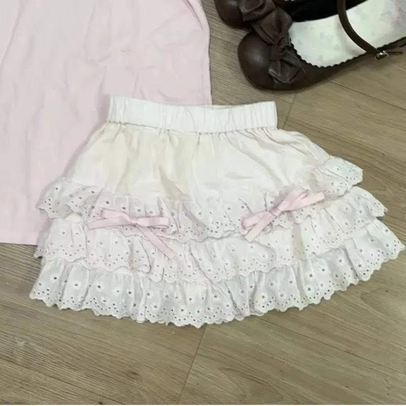 

Harajuku Sweet Lace Patchwork Cake Skirts 2025 Summer New A-line Skirt For Women Y2k High Waist All-match Bow Faldas Mujer