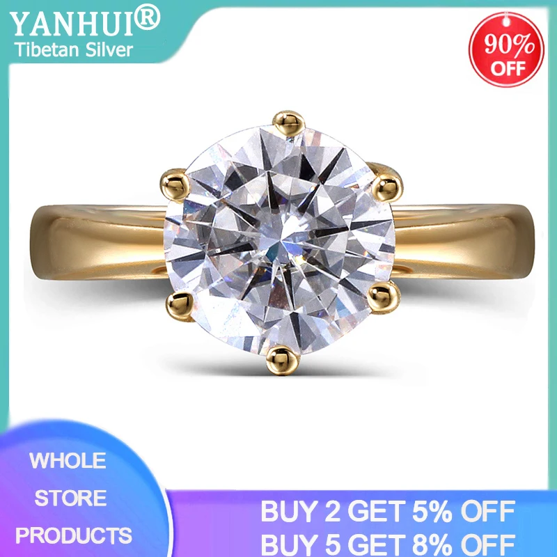 YANHUI Tibetan Silver  Gold Color Ring Classic 2ct Zirconia Engagement Wedding Band Fashion Rings For Women