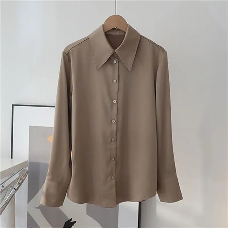 2024 Women New Satin Surface Lapel Collar Chiffon Shirt Spring Pointed Collar Long Sleeved Loose Solid Color Fashion Casual Tops