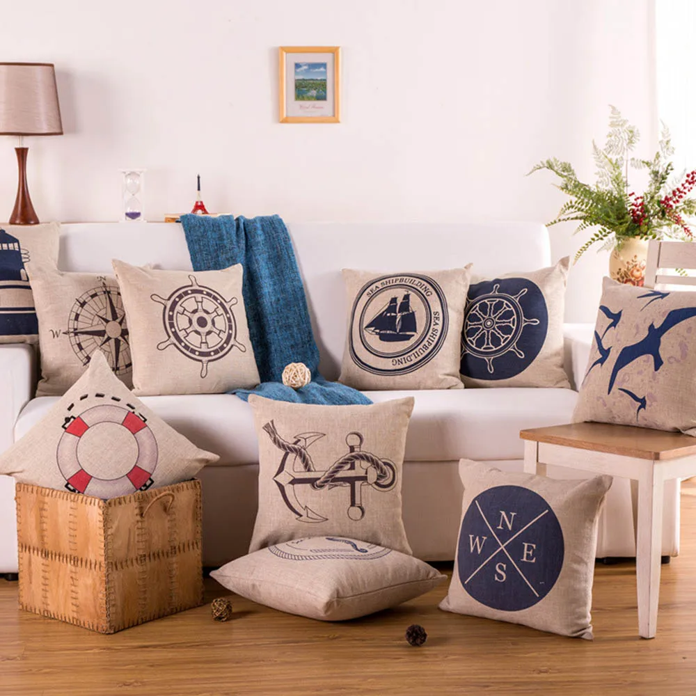 Thick linen cushion cover for sofa pillowcase sailing boat/compass/Steering wheel/anchorAntartica/Life buoy