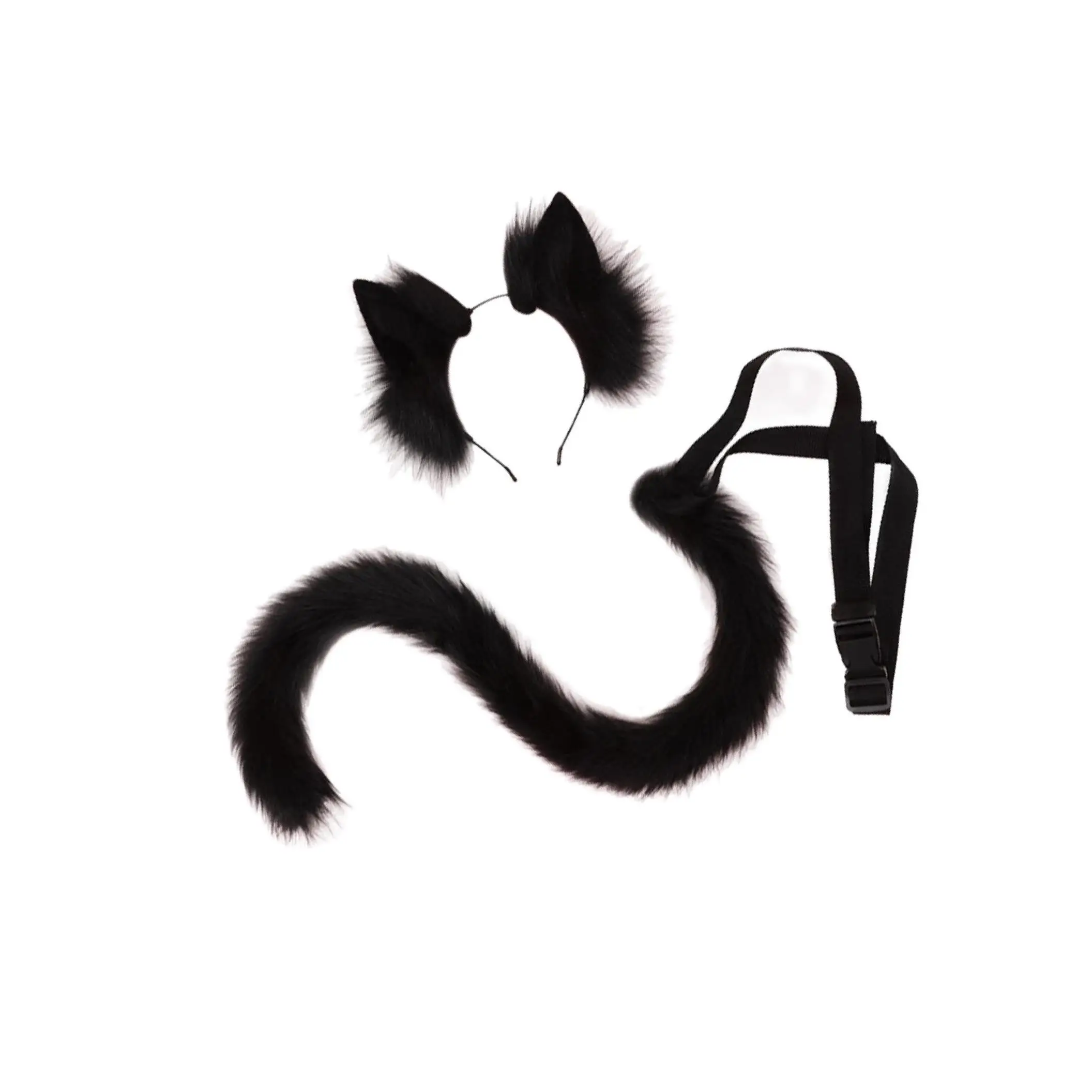 2Pcs Cat Ears and Tail Set Faux Fur Long Tail for Anime Cosplay Costume Kits