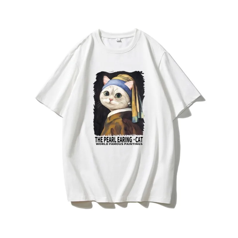 

Лето 2025 г., футболка с принтом «Кошка» и жемчужными серьгами «Кошка» для девочек, чистый хлопок, всемирно известные картины для мужчин и женщин на улице