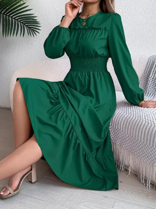 

Women's Dress 2025 Latest Style Autumn Winter Pure Color Elegant Fungus Edge Waist Cinched Pleated Long Skirt Women's Clothing