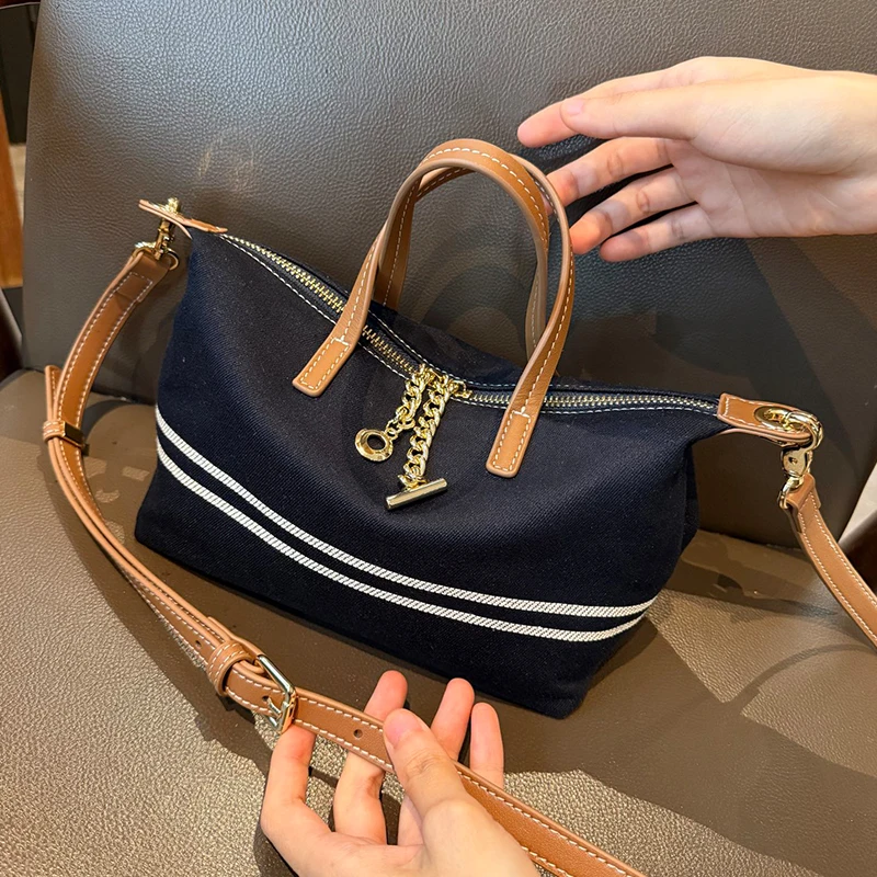 Women Canvas Crossbody Bag with Leather Trim Top Handle Shoulder Bag Casual Zipper Daily Tote