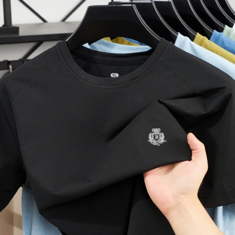 

High end brand men's round neck quick drying short sleeved T-shirt summer fashion embroidered design boutique casual sports top