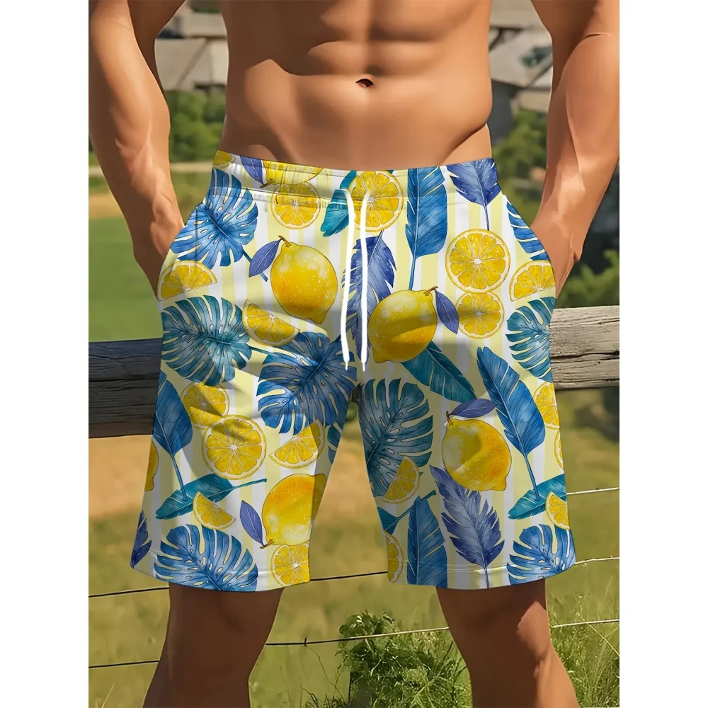 Summer Cool Breathable Beach Shorts Fruit Lemon Graphic Fashion Loose Casual Drawstring Pants Men's Quick Dry Swimming Shorts