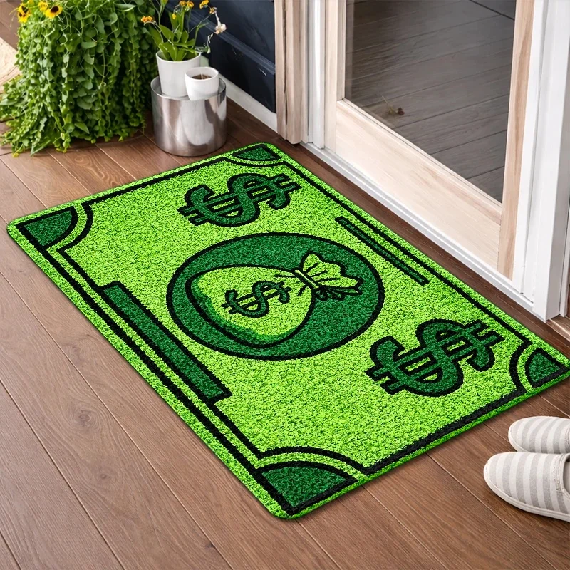 Tapis de sol fantaisie motif sac d'argent, design porte-bonheur pour l'entrée de la maison et la décoration de la véranda