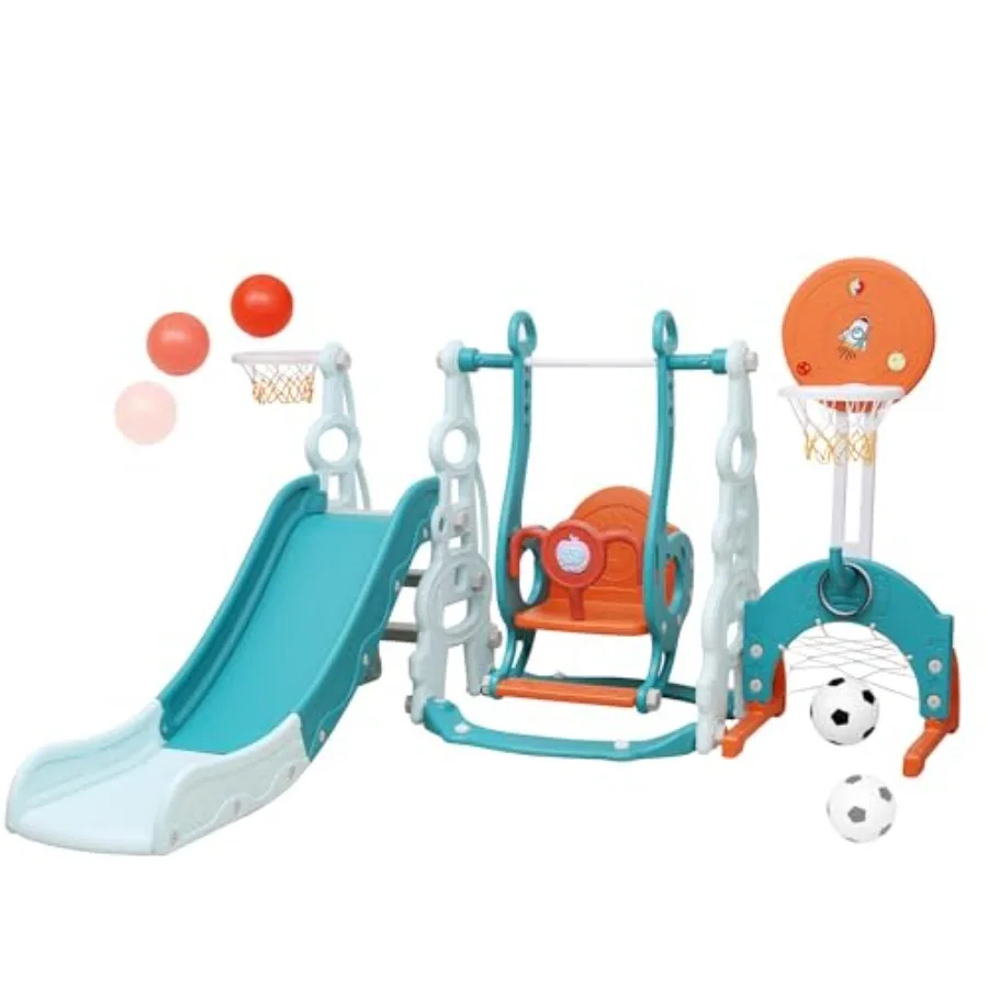 

5 in 1 Toddler Slide and Swing Set Indoor Playground for with Safety Swing Basketball Hoop and Soccer Net Anti-Tip Stable Desig