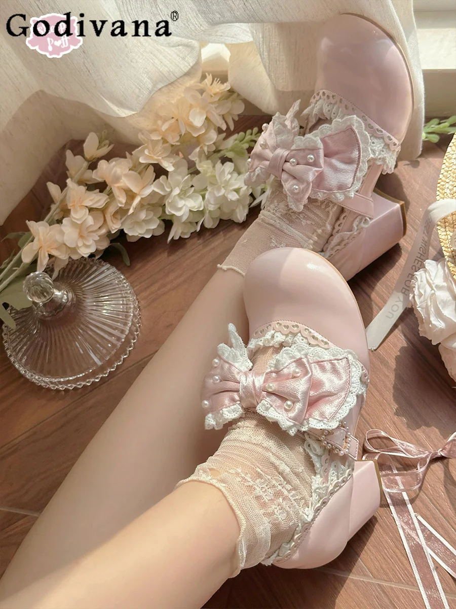 

Sweetheart Girl Cute Doll Feel Japanese Original Lolita High Heels Lace Bow Round Toe Chunky Heel Sweet Single Shoes