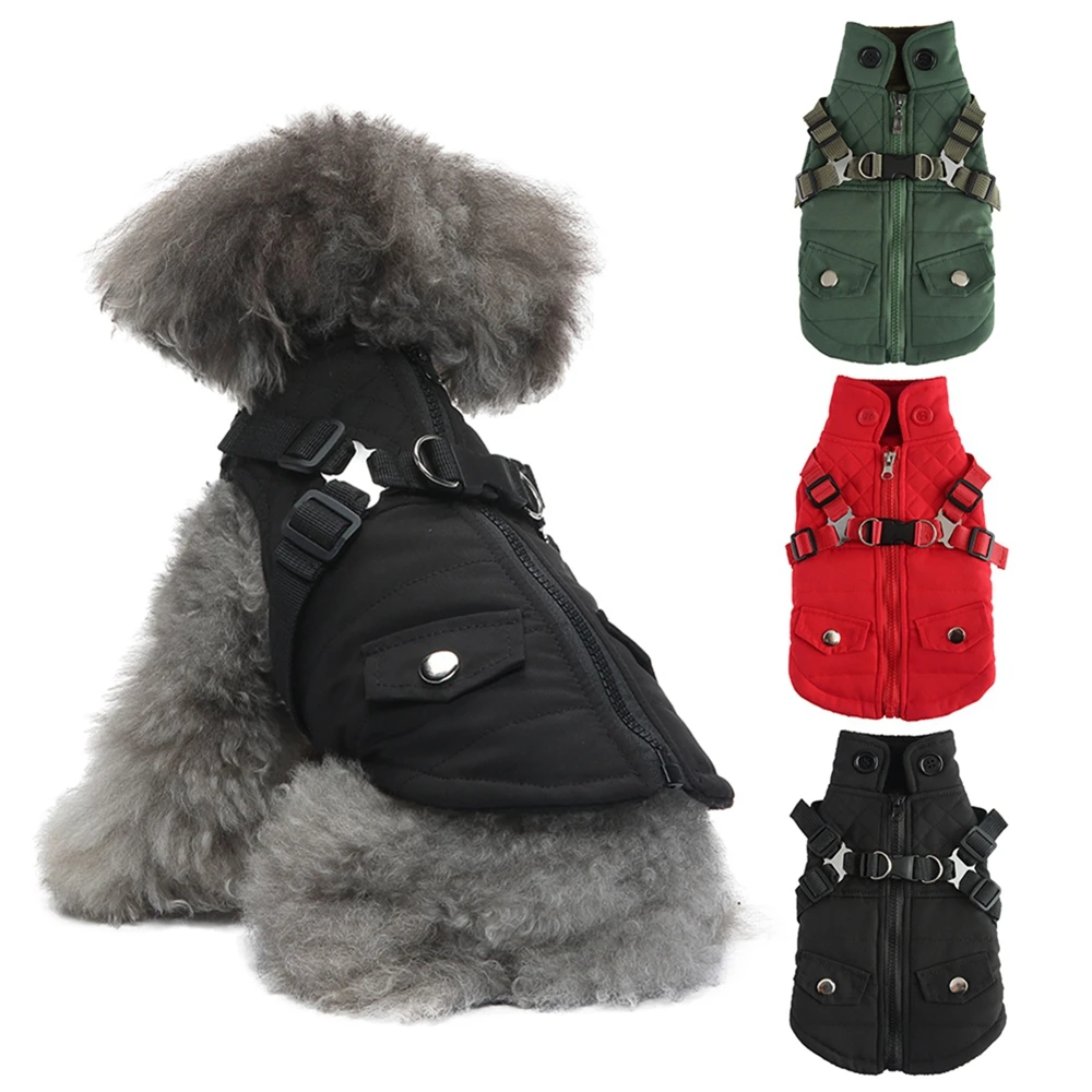 Pet Dog Jacket with Harness Winter Pet Dog Coat Comfortable Windproof Red with Zipper for Small Medium Large Dogs